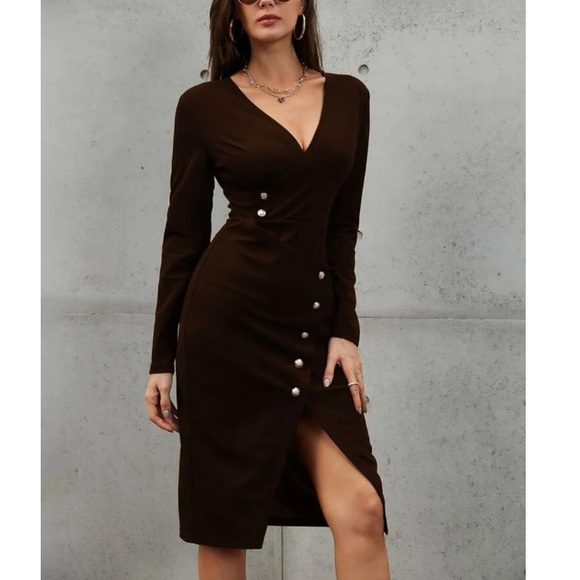 Boho navy blue button detail asymmetrical hem wrap dress - Picture 3 of 14